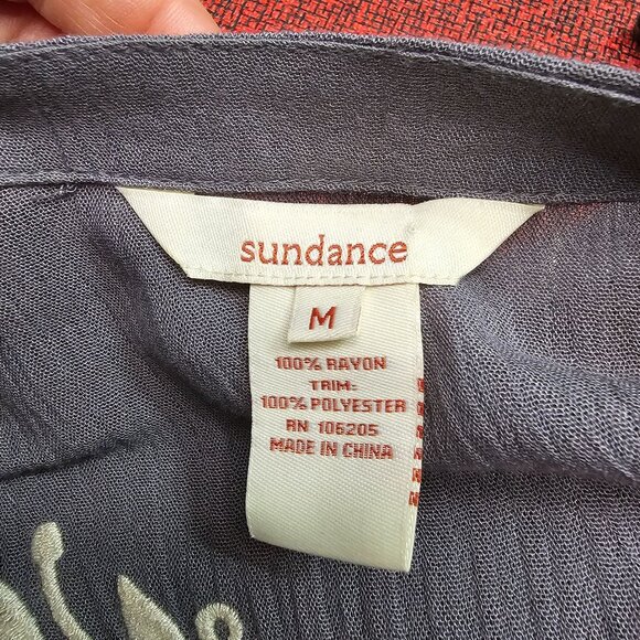 Sundance Embroidered Open Front Kimono Cardigan M Gray Cream Flowy Crinkle Boho - Picture 5 of 9